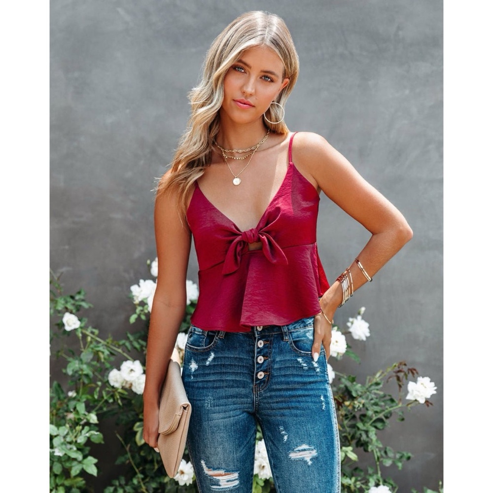 Vici Gratitude Satin Crop Babydoll Tank in Wine
